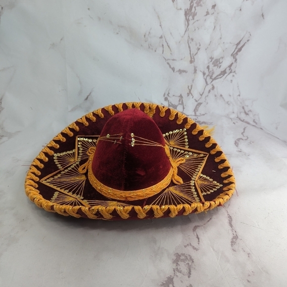 Vintage Pigalle Sombrero Mexican Hat Red Gold Sequin Velvet Yellow - Picture 4 of 13